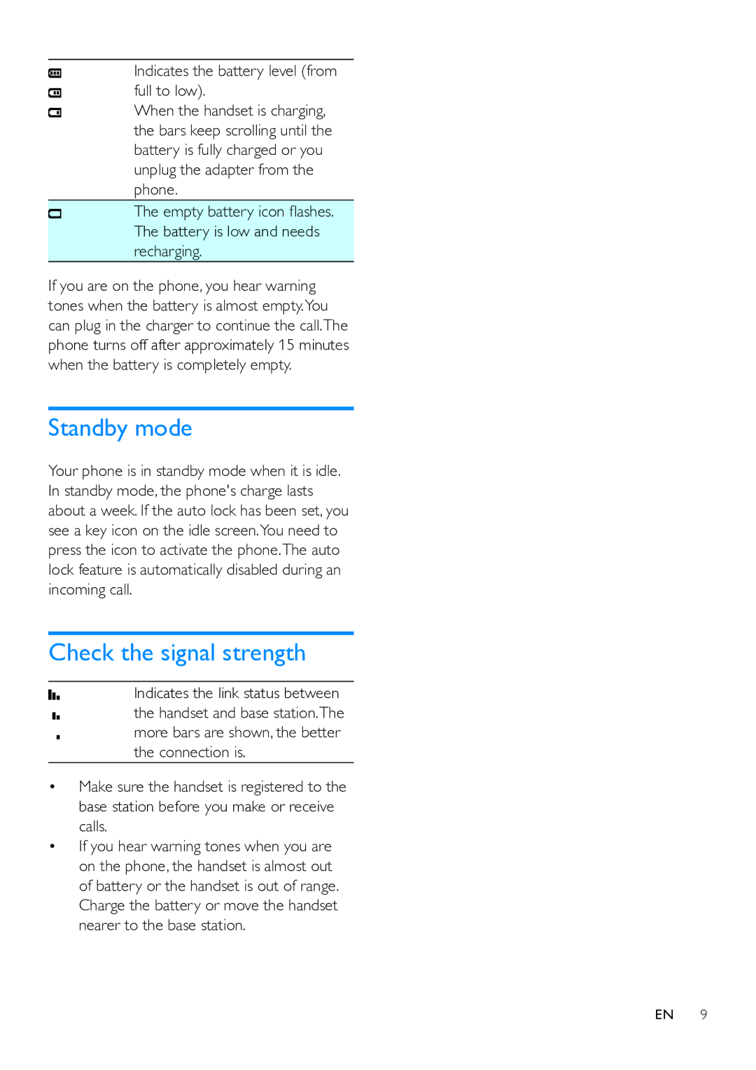 Philips MT3120 user manual Standby mode, Check the signal strength 