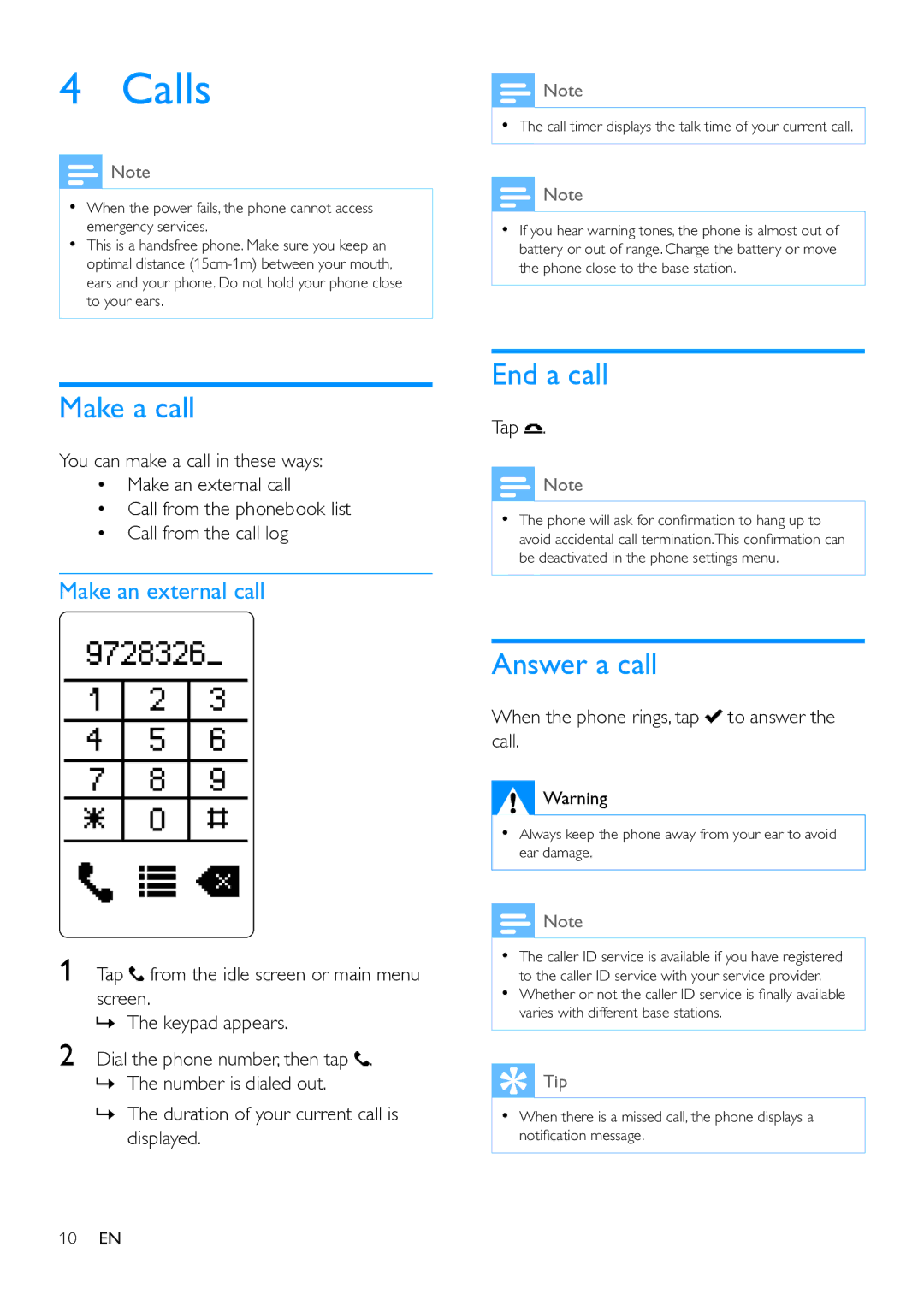 Philips MT3120 user manual Calls, Make a call, End a call, Answer a call, Make an external call 