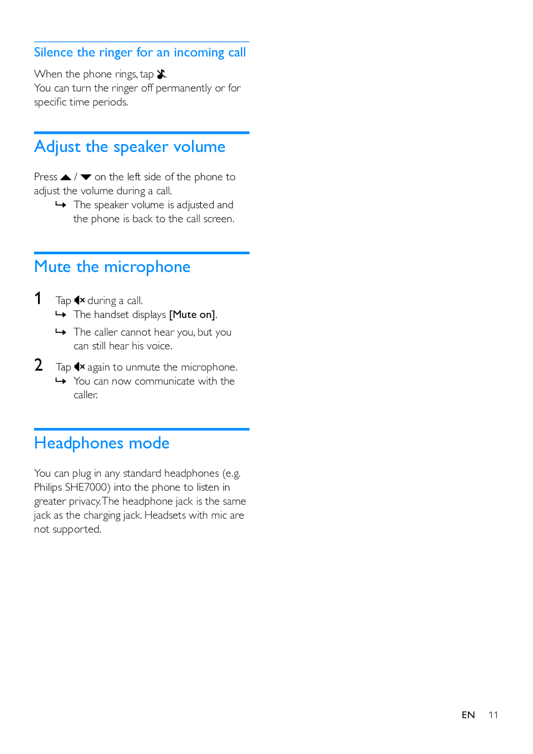 Philips MT3120 Adjust the speaker volume, Mute the microphone, Headphones mode, Silence the ringer for an incoming call 