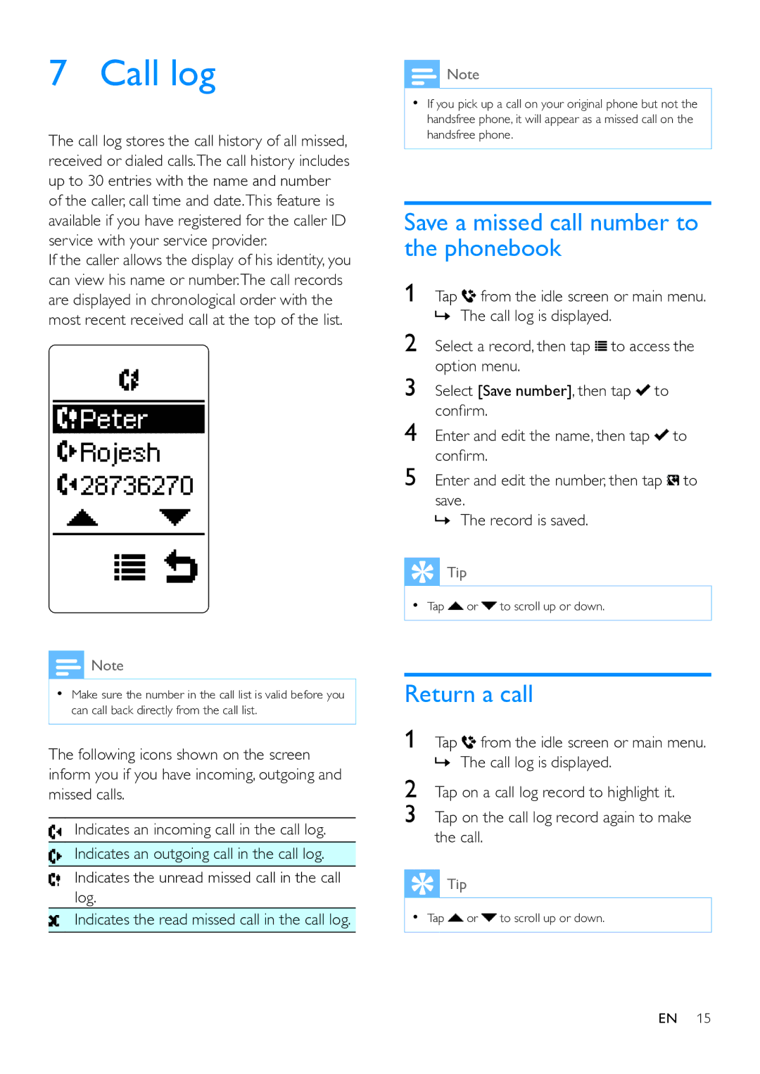 Philips MT3120 user manual Call log, Save a missed call number to the phonebook, Return a call 