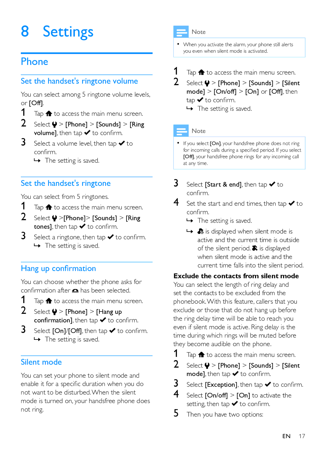 Philips MT3120 user manual Settings, Phone 