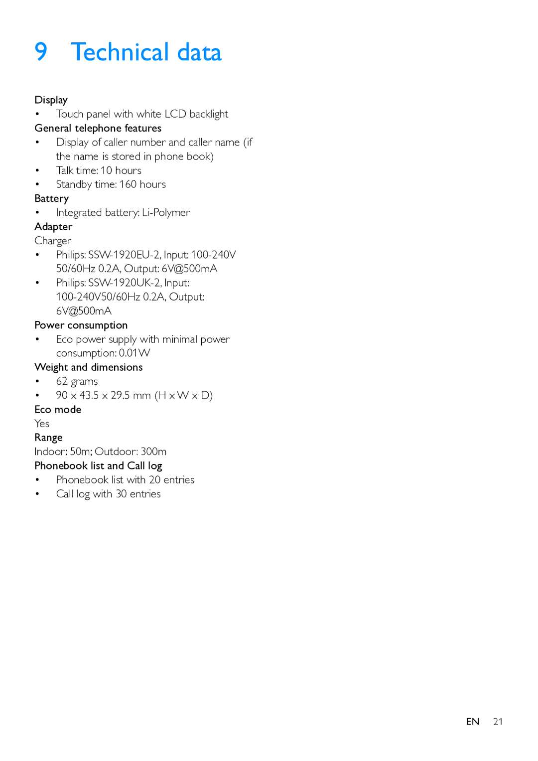 Philips MT3120 user manual Technical data, Grams 90 x 43.5 x 29.5 mm H x W x D Eco mode Yes Range 