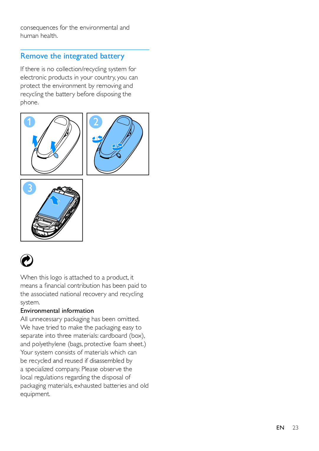 Philips MT3120 user manual Remove the integrated battery, Consequences for the environmental and human health 