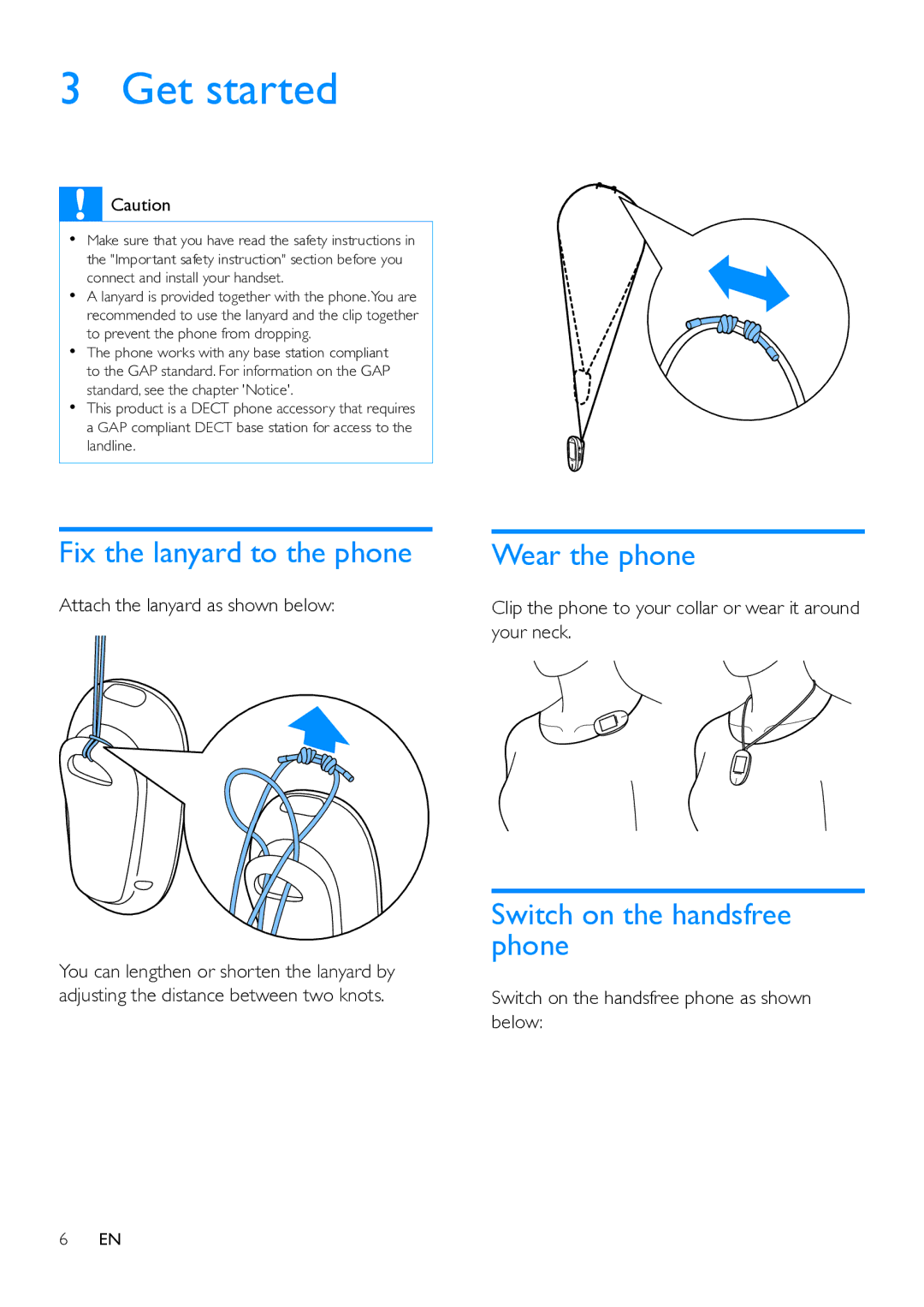 Philips MT3120 user manual Get started, Fix the lanyard to the phone, Wear the phone, Switch on the handsfree phone 