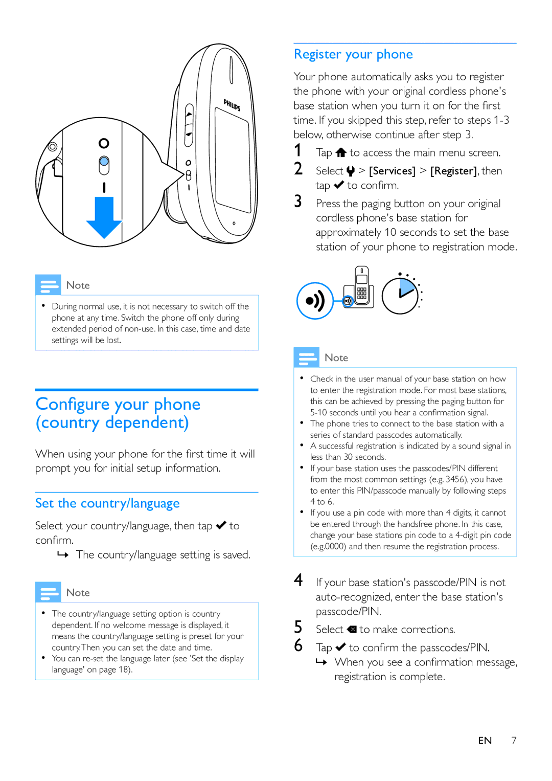 Philips MT3120 user manual Set the country/language, Register your phone, Tap 