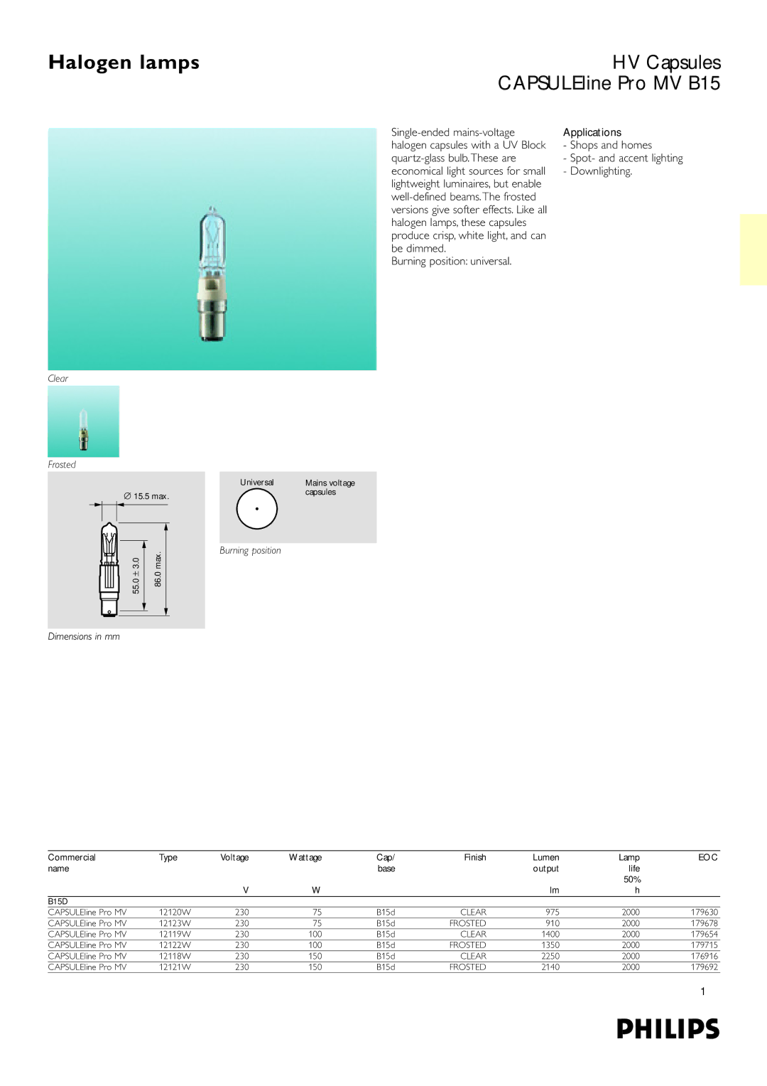 Philips dimensions Halogen lamps, HV Capsules, CAPSULEline Pro MV B15 