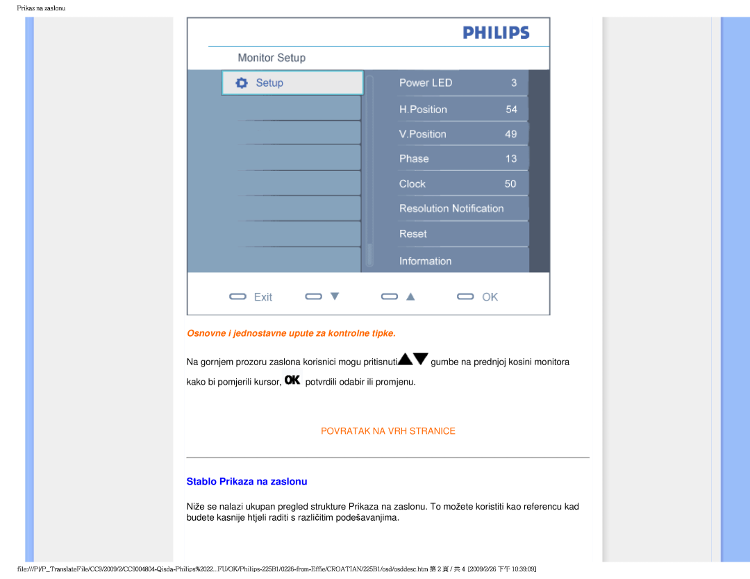 Philips MWB1225I Stablo Prikaza na zaslonu, Osnovne i jednostavne upute za kontrolne tipke, Povratak Na Vrh Stranice 