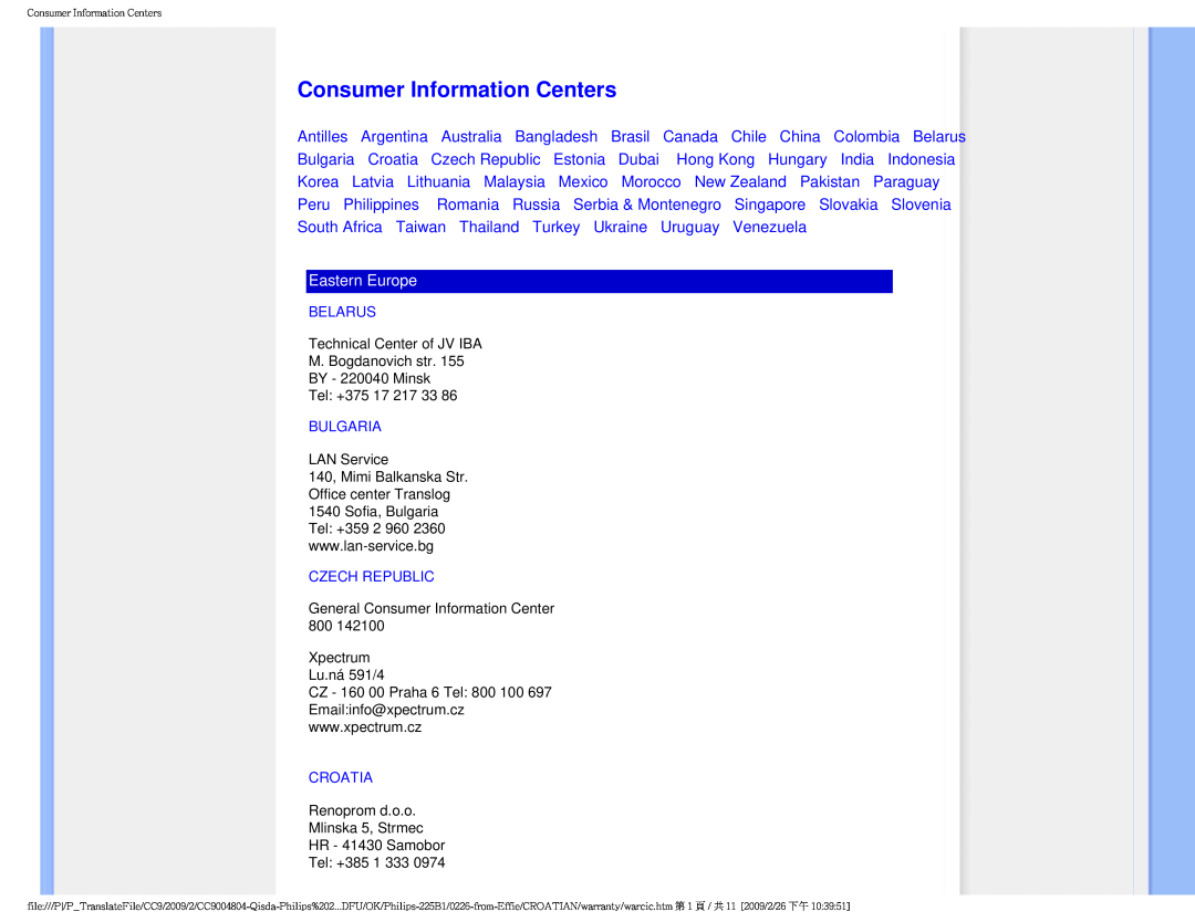Philips MWB1225I user manual Consumer Information Centers, Eastern Europe 