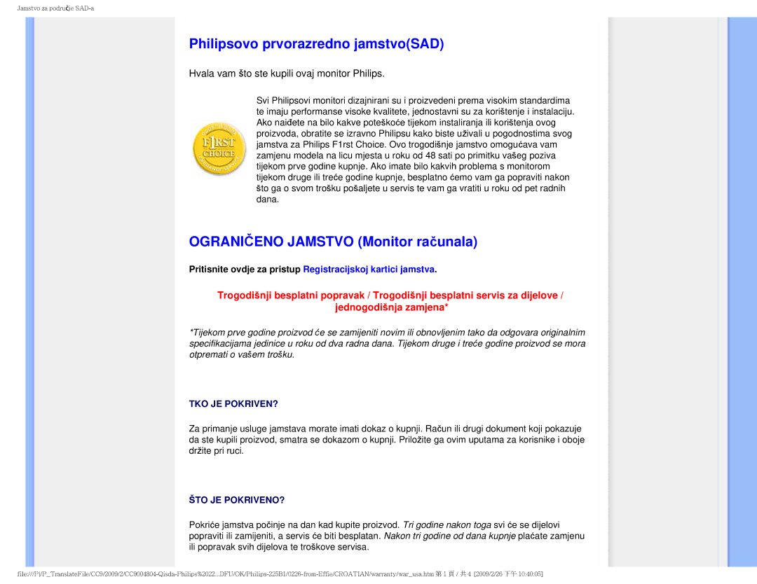 Philips MWB1225I user manual Philipsovo prvorazredno jamstvoSAD, Ograničeno Jamstvo Monitor računala 