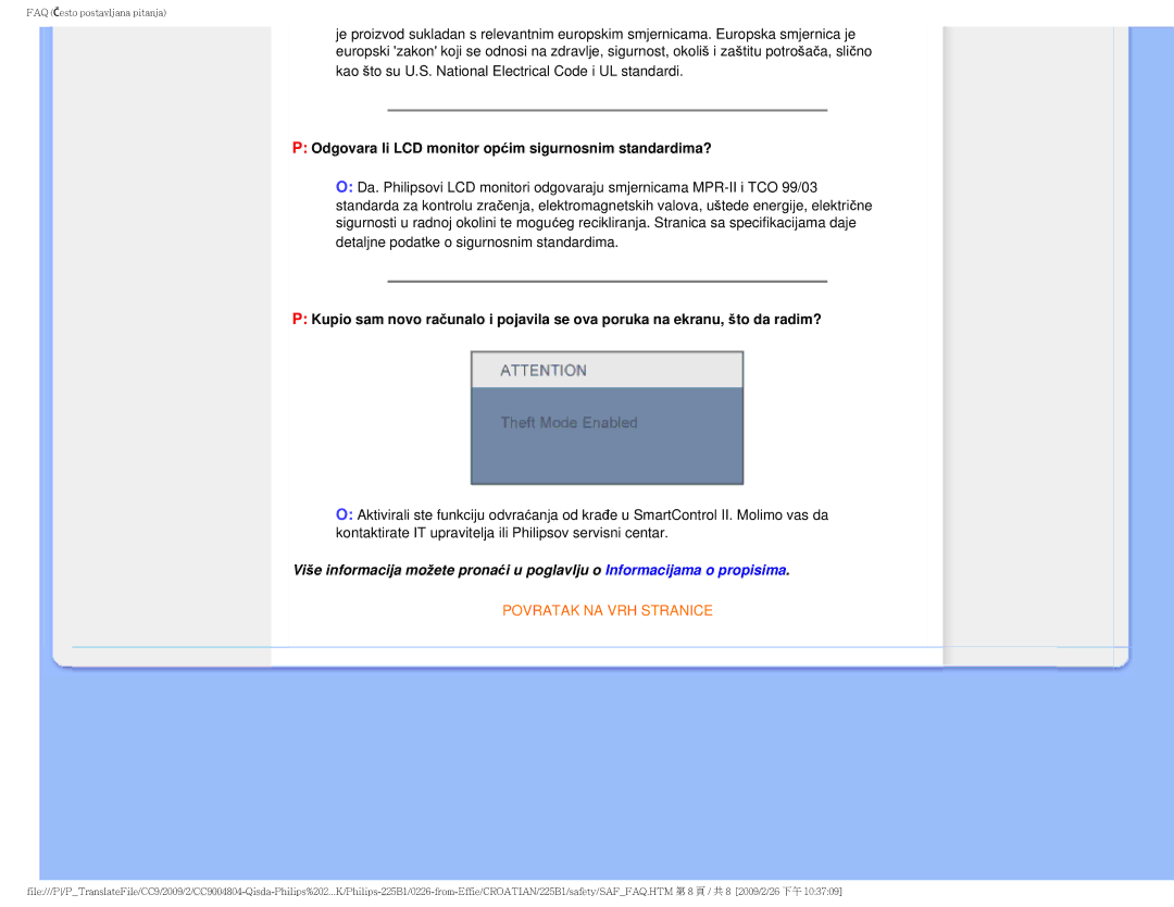 Philips MWB1225I user manual Odgovara li LCD monitor općim sigurnosnim standardima? 