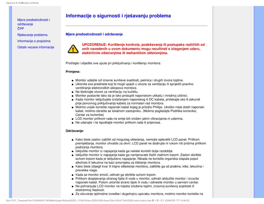 Philips MWB1225I Informacije o sigurnosti i rješavanju problema, Mjere predostrožnosti i održavanje, Primjena, Održavanje 