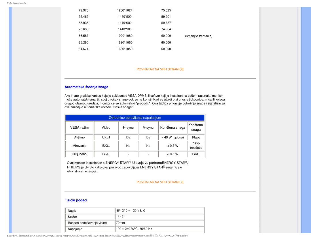 Philips MWB1225I user manual Automatska štednja snage 