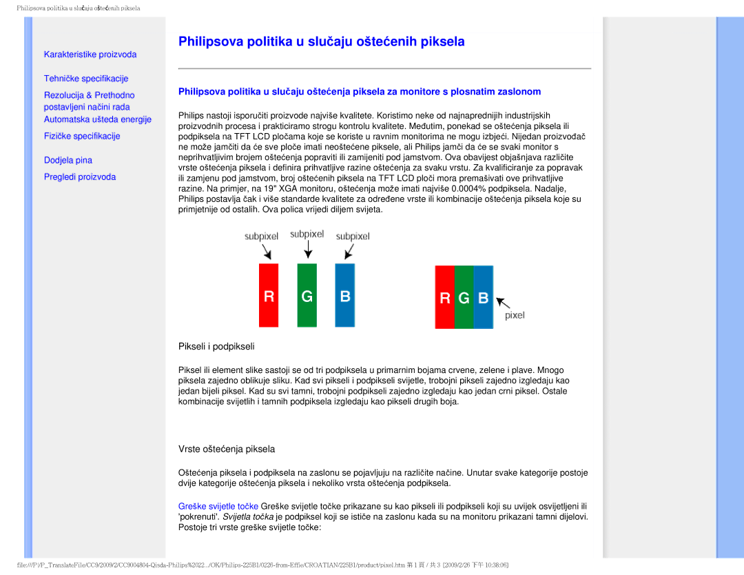 Philips MWB1225I user manual Philipsova politika u slučaju oštećenih piksela 