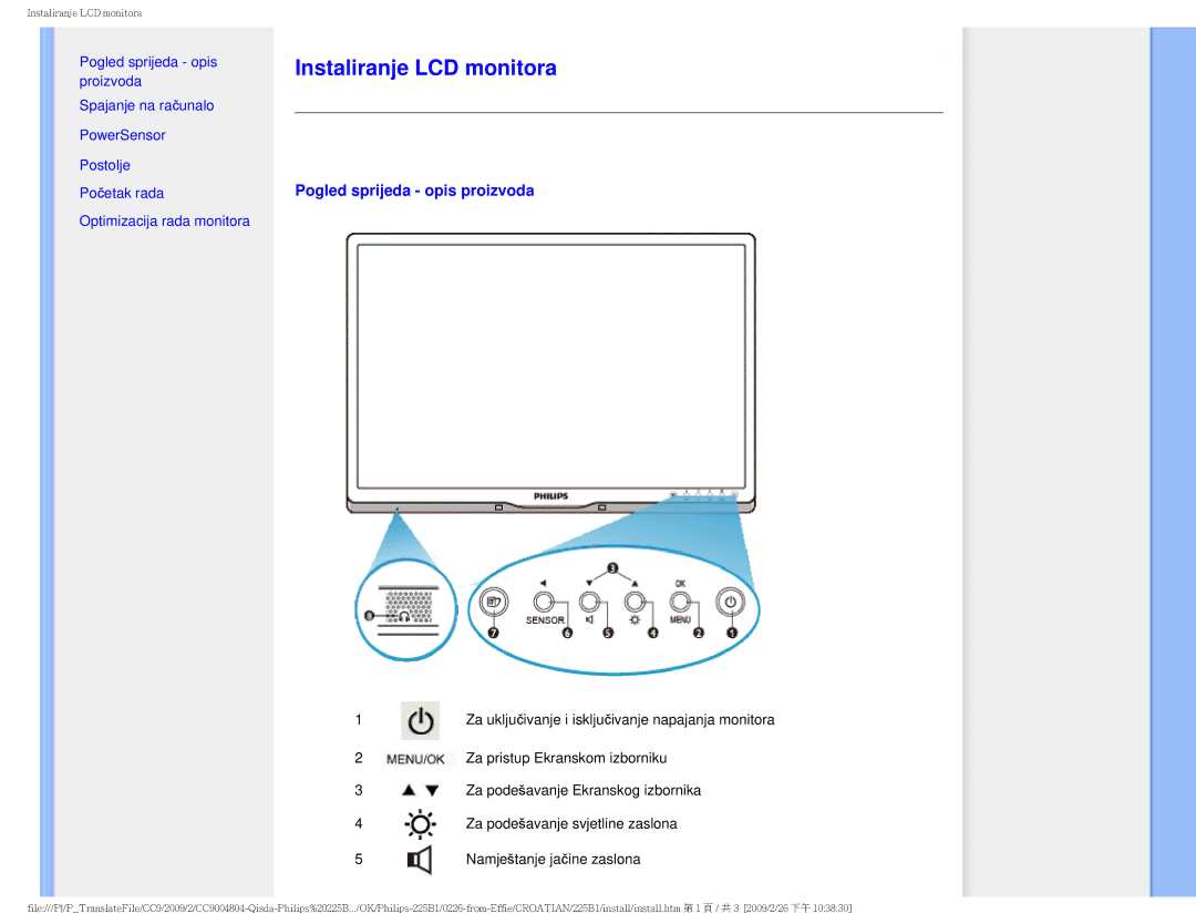 Philips MWB1225I user manual Instaliranje LCD monitora, Pogled sprijeda opis proizvoda 