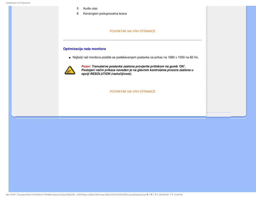 Philips MWB1225I user manual Optimizacija rada monitora 