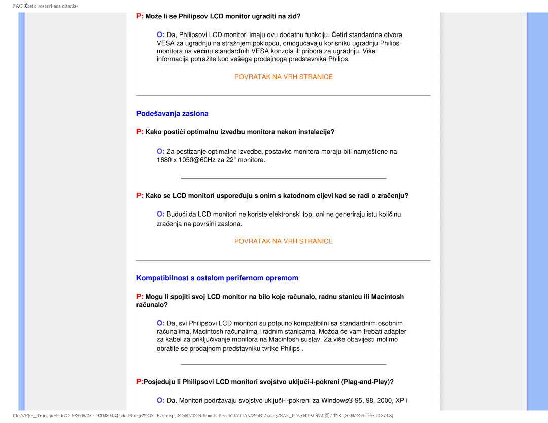 Philips MWB1225I user manual Podešavanja zaslona, Kompatibilnost s ostalom perifernom opremom 