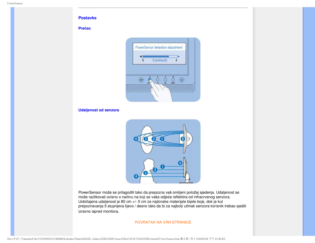 Philips MWB1225I user manual Postavke, Prečac Udaljenost od senzora 