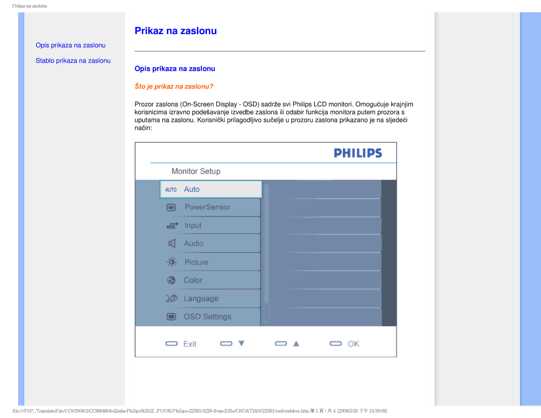 Philips MWB1225I user manual Prikaz na zaslonu, Opis prikaza na zaslonu 