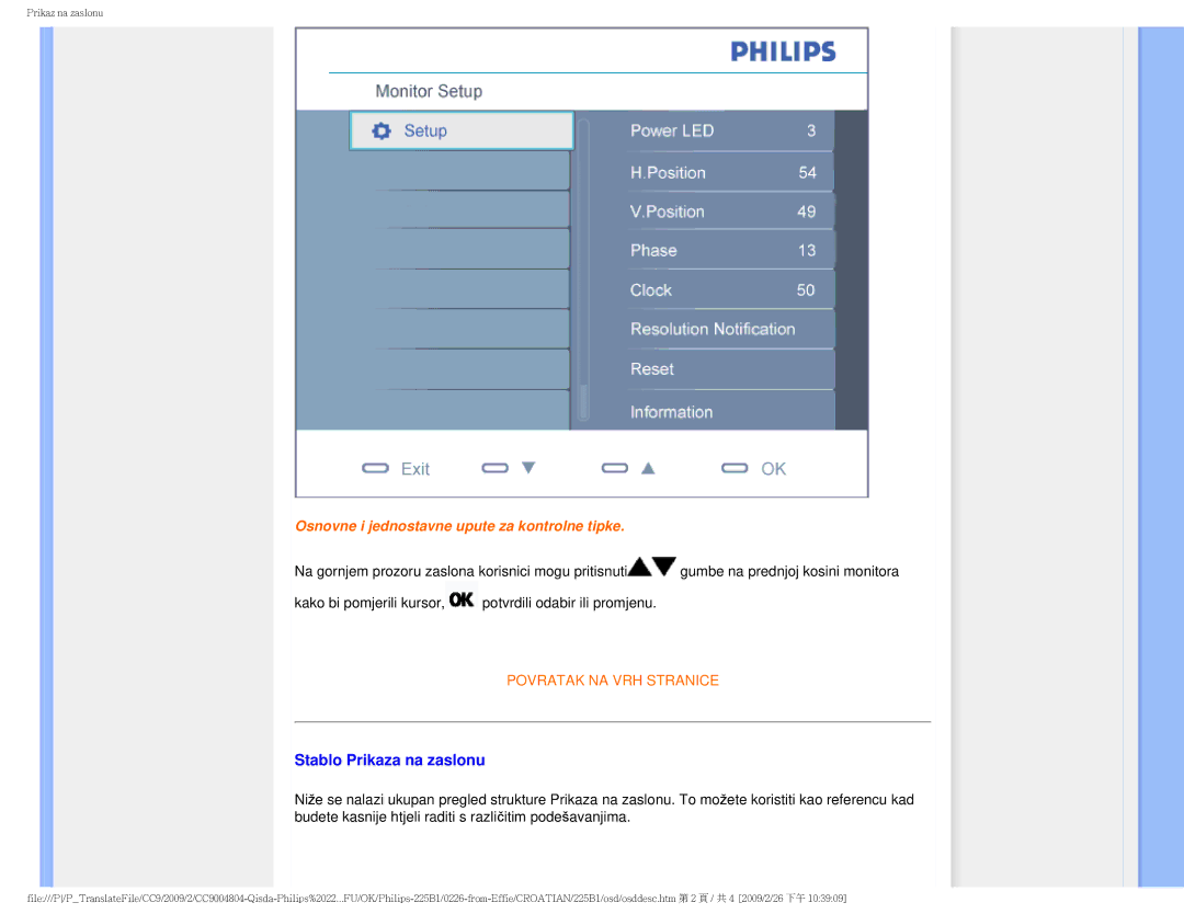 Philips MWB1225I user manual Stablo Prikaza na zaslonu, Osnovne i jednostavne upute za kontrolne tipke 