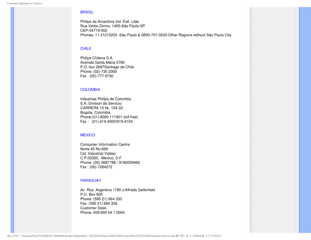 Philips MWB1225I user manual Chile 