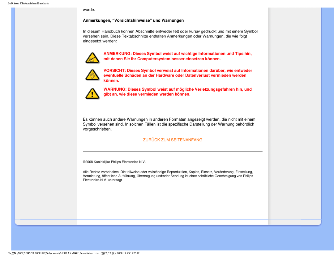 Philips MWE1160T user manual Anmerkungen, “Vorsichtshinweise” und Warnungen, Zurück Zum Seitenanfang 
