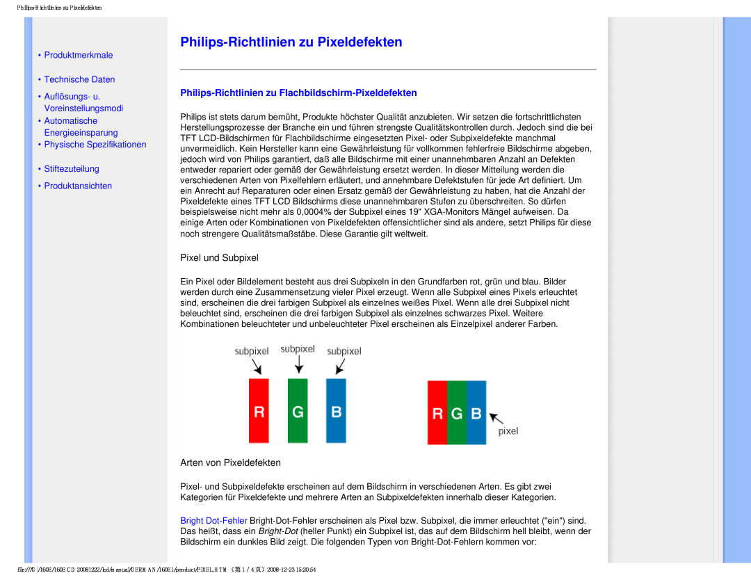 Philips MWE1160T user manual Philips-Richtlinien zu Pixeldefekten, Philips-Richtlinien zu Flachbildschirm-Pixeldefekten 