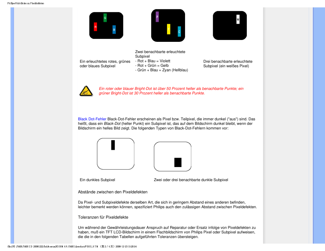 Philips MWE1160T user manual Abstände zwischen den Pixeldefekten, Toleranzen für Pixeldefekte 