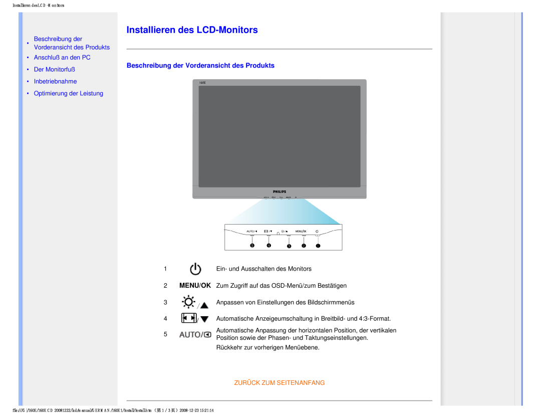 Philips MWE1160T user manual Installieren des LCD-Monitors, Beschreibung der Vorderansicht des Produkts, Menu/Ok 