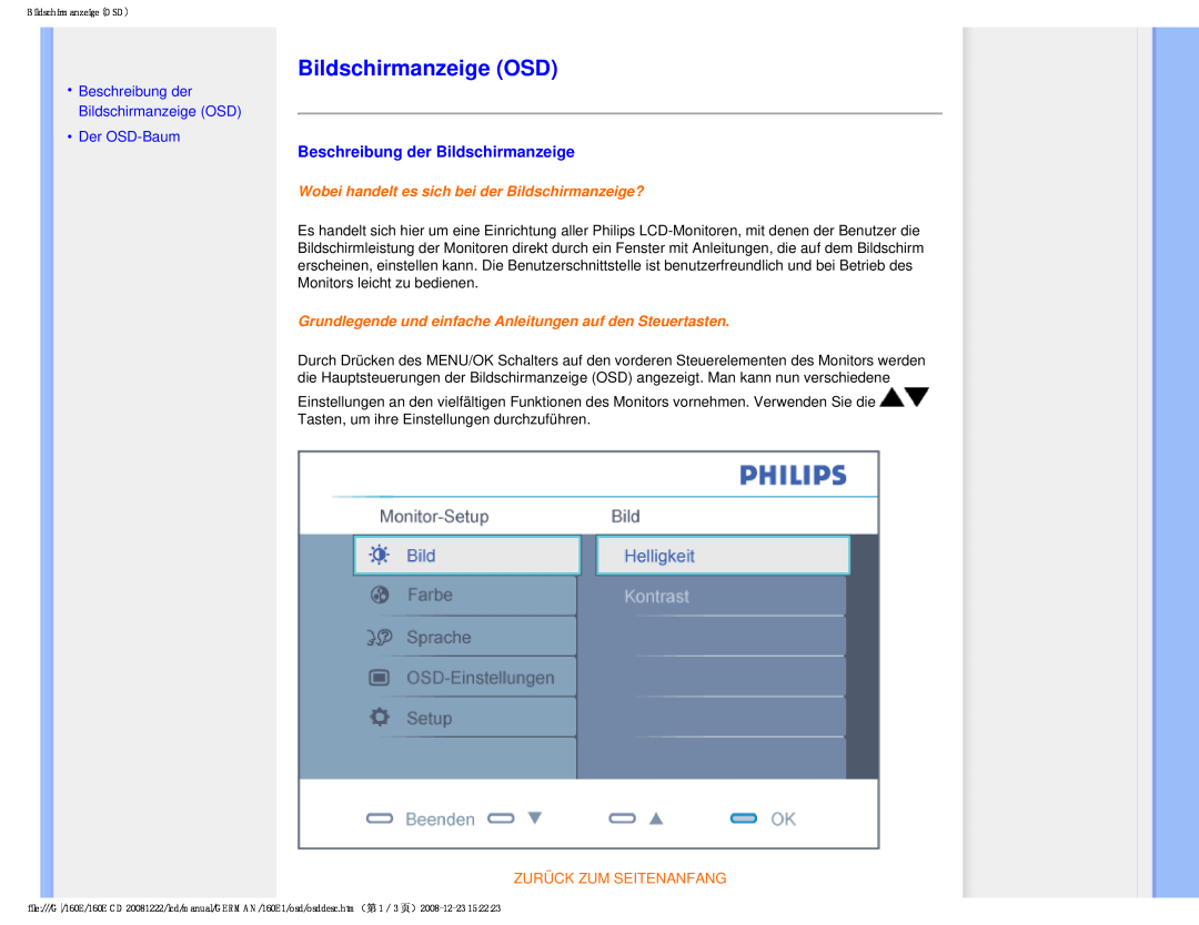 Philips MWE1160T user manual Bildschirmanzeige OSD, Beschreibung der Bildschirmanzeige, Zurück Zum Seitenanfang 