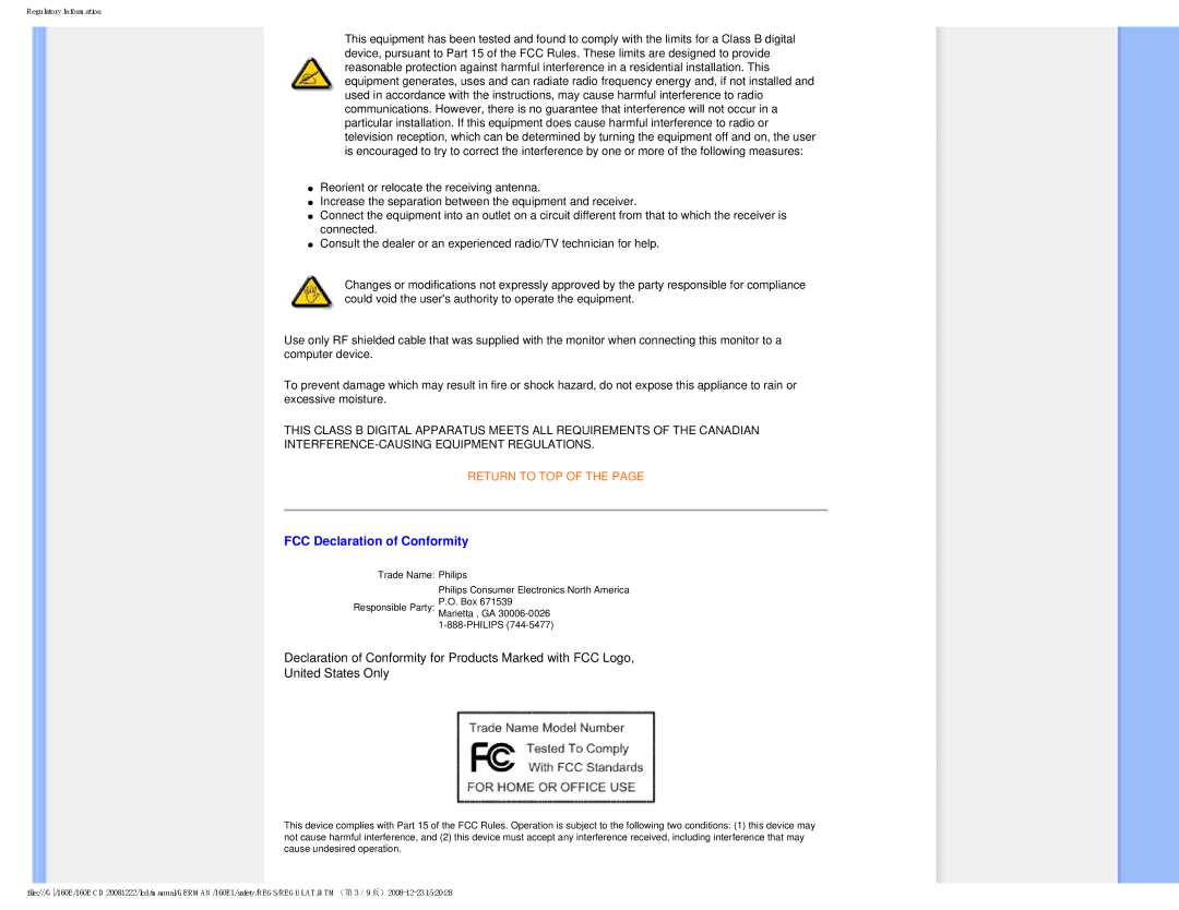 Philips MWE1160T user manual FCC Declaration of Conformity 