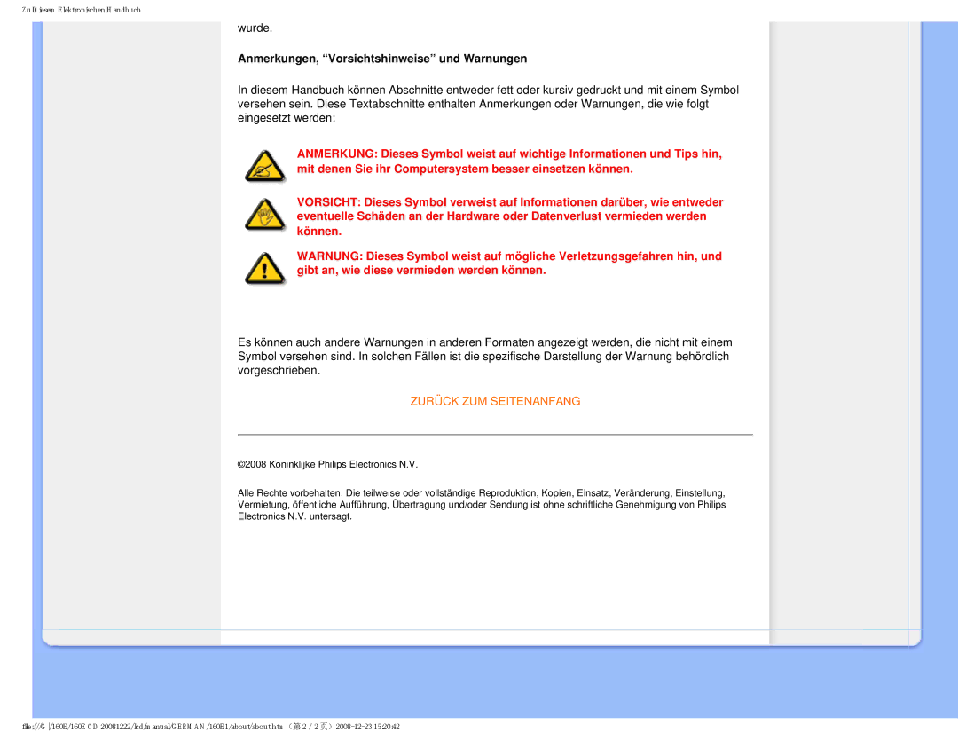 Philips MWE1160T user manual Anmerkungen, Vorsichtshinweise und Warnungen 