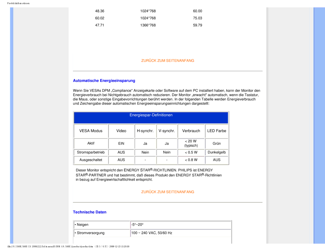 Philips MWE1160T user manual Automatische Energieeinsparung, Energiespar-Definitionen 