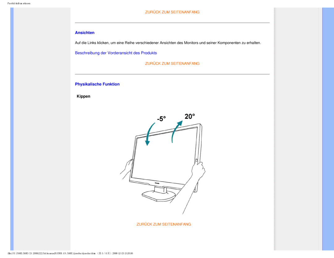 Philips MWE1160T user manual Ansichten, Physikalische Funktion, Kippen 