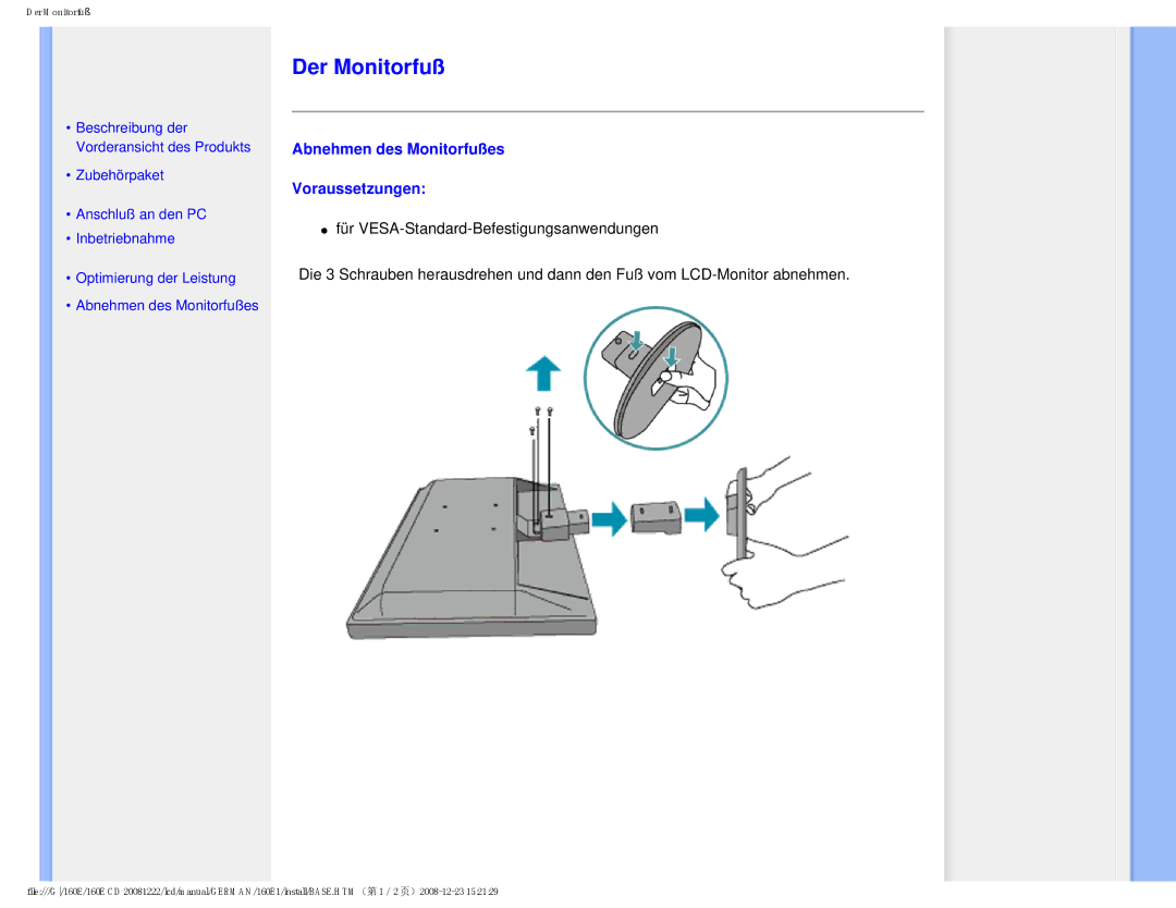 Philips MWE1160T user manual Der Monitorfuß, Abnehmen des Monitorfußes Voraussetzungen 