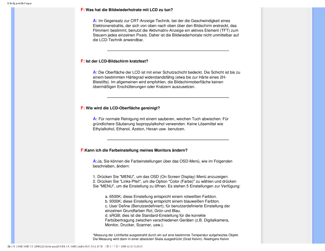 Philips MWE1160T user manual Was hat die Bildwiederholrate mit LCD zu tun?, Ist der LCD-Bildschirm kratzfest? 