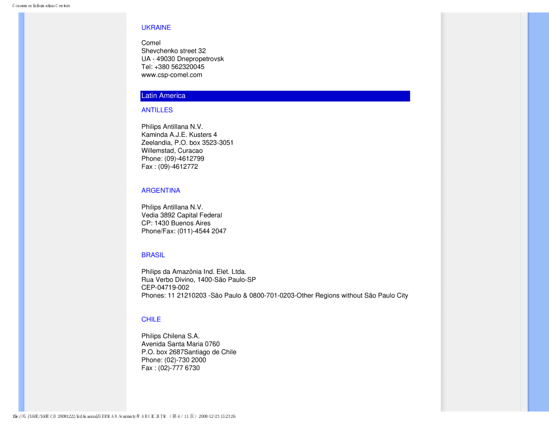 Philips MWE1160T user manual Ukraine, Antilles, Argentina, Brasil, Chile 