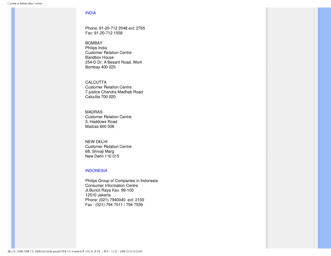 Philips MWE1160T user manual India, Indonesia 