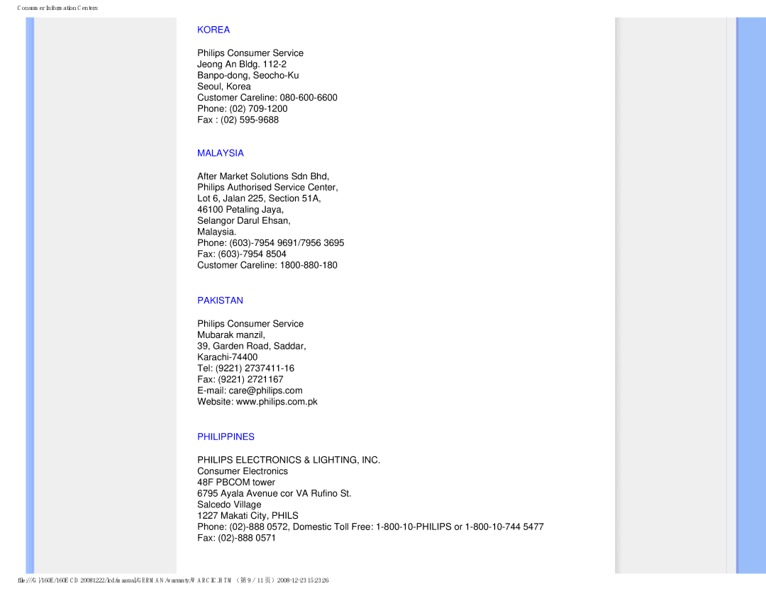 Philips MWE1160T user manual Korea, Malaysia, Pakistan, Philippines 