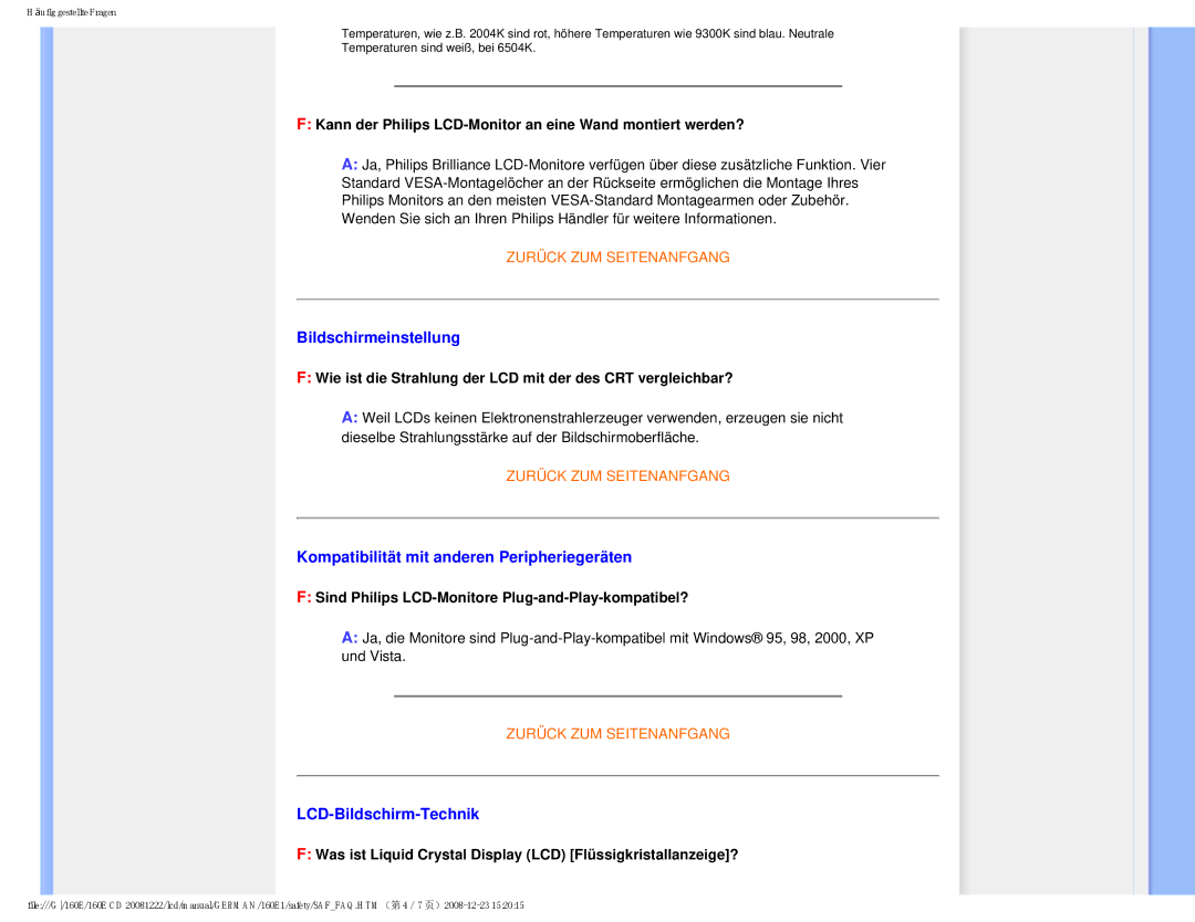 Philips MWE1160T user manual Bildschirmeinstellung, Kompatibilität mit anderen Peripheriegeräten, LCD-Bildschirm-Technik 