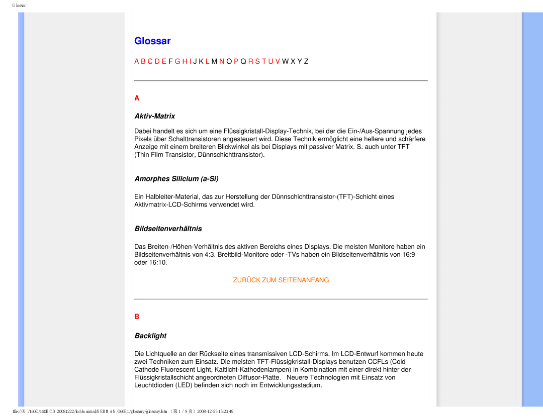 Philips MWE1160T user manual Glossar, Aktiv-Matrix, Amorphes Silicium a-Si, Bildseitenverhältnis, Backlight 