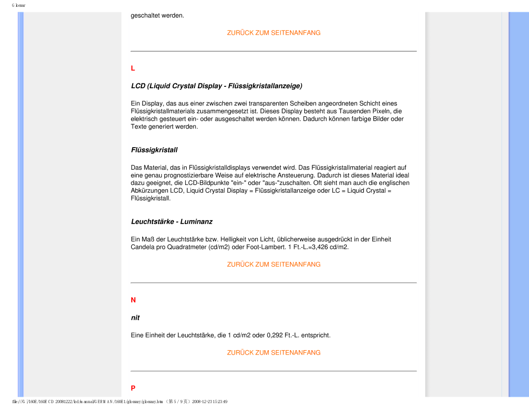 Philips MWE1160T user manual LCD Liquid Crystal Display Flüssigkristallanzeige, Leuchtstärke Luminanz, Nit 