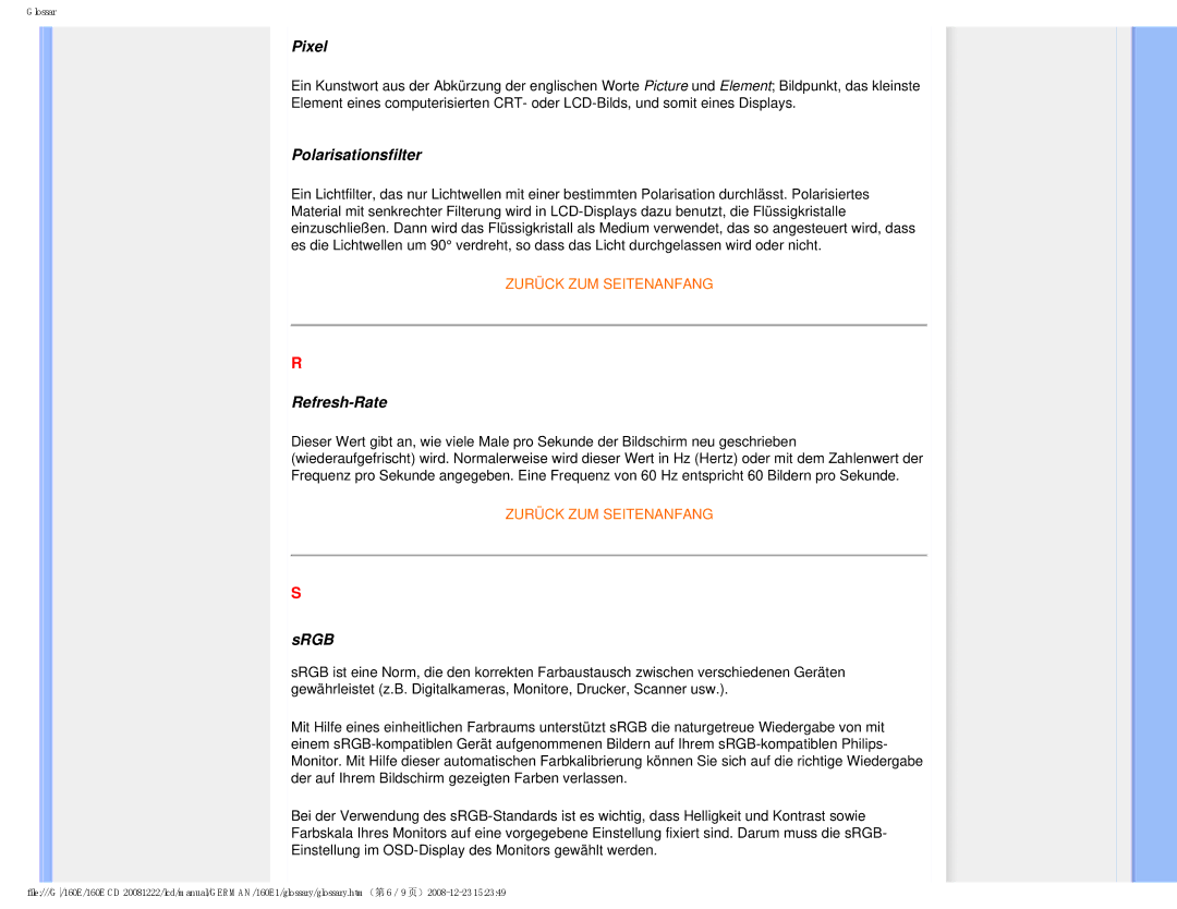 Philips MWE1160T user manual Pixel, Polarisationsfilter, Refresh-Rate, Srgb 