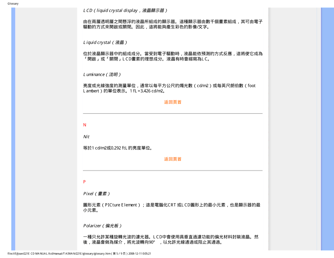 Philips MWE1221T LCD（liquid crystal display，液晶顯示器）, Liquid crystal（液晶）, Luminance（流明）, Nit, Pixel（畫素）, Polarizer（偏光板） 