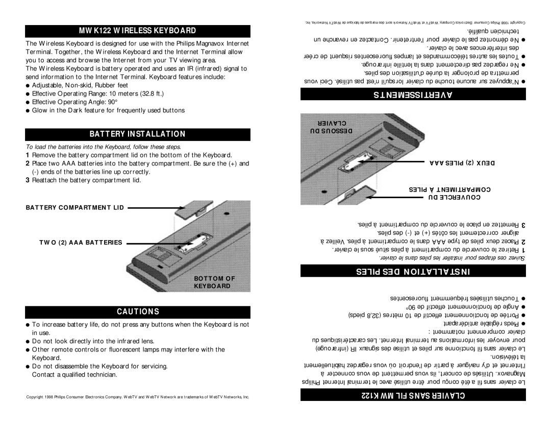 Philips Avertissements, Piles DES Installation, MWK122 Wireless Keyboard, Battery Installation, MWK122 FIL Sans Clavier 