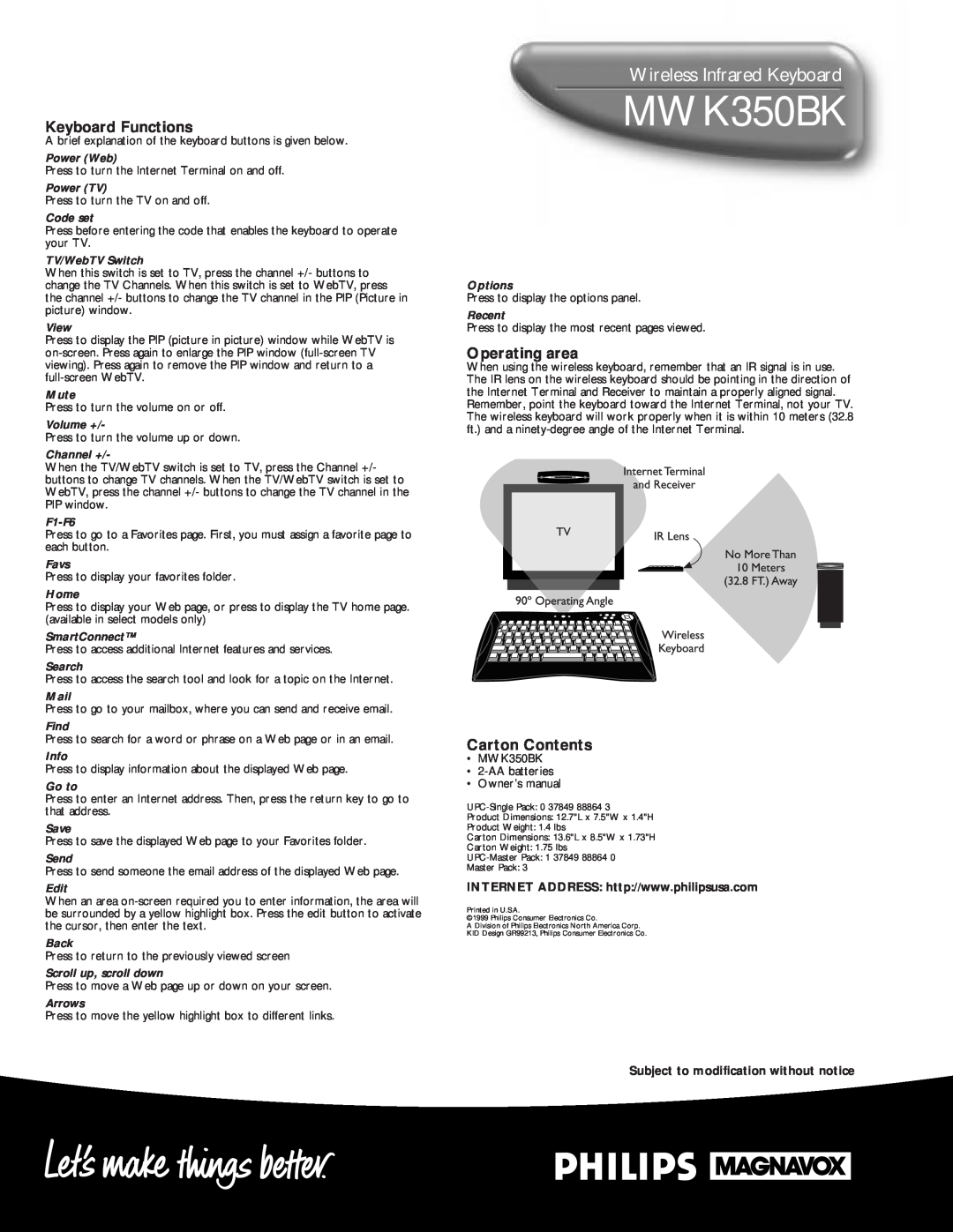 Philips MWK350BK manual Wireless Infrared Keyboard, Keyboard Functions, Operating area, Carton Contents 