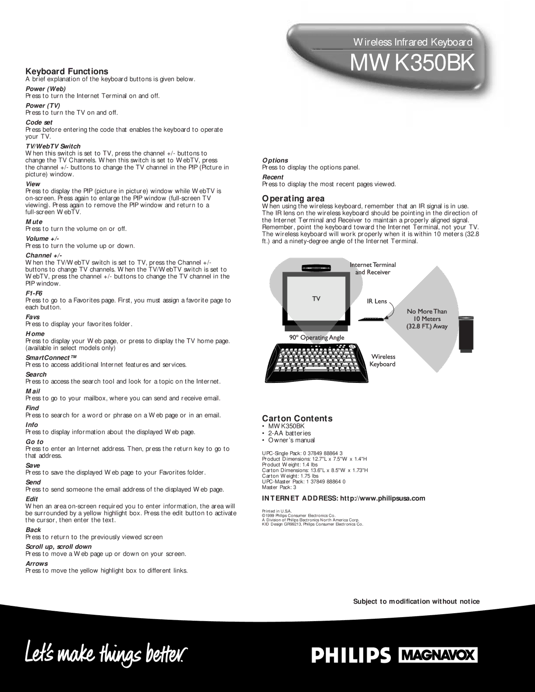 Philips MWK350BK manual Keyboard Functions, Operating area, Carton Contents 