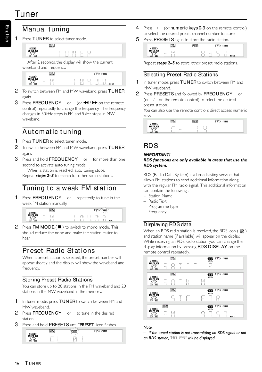 Philips MX-1060D, MX-1050D manual Tuner, Manual tuning, Automatic tuning, Tuning to a weak FM station, Preset Radio Stations 