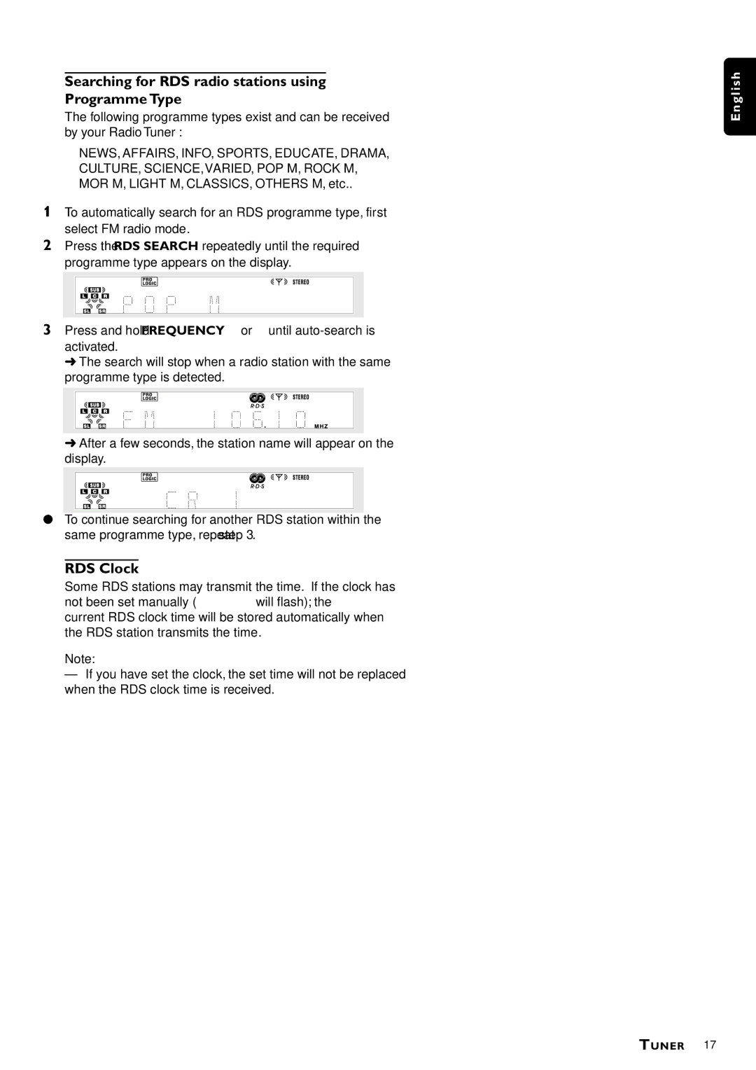 Philips MX-1050D, MX-1060D manual Searching for RDS radio stations using Programme Type, RDS Clock 