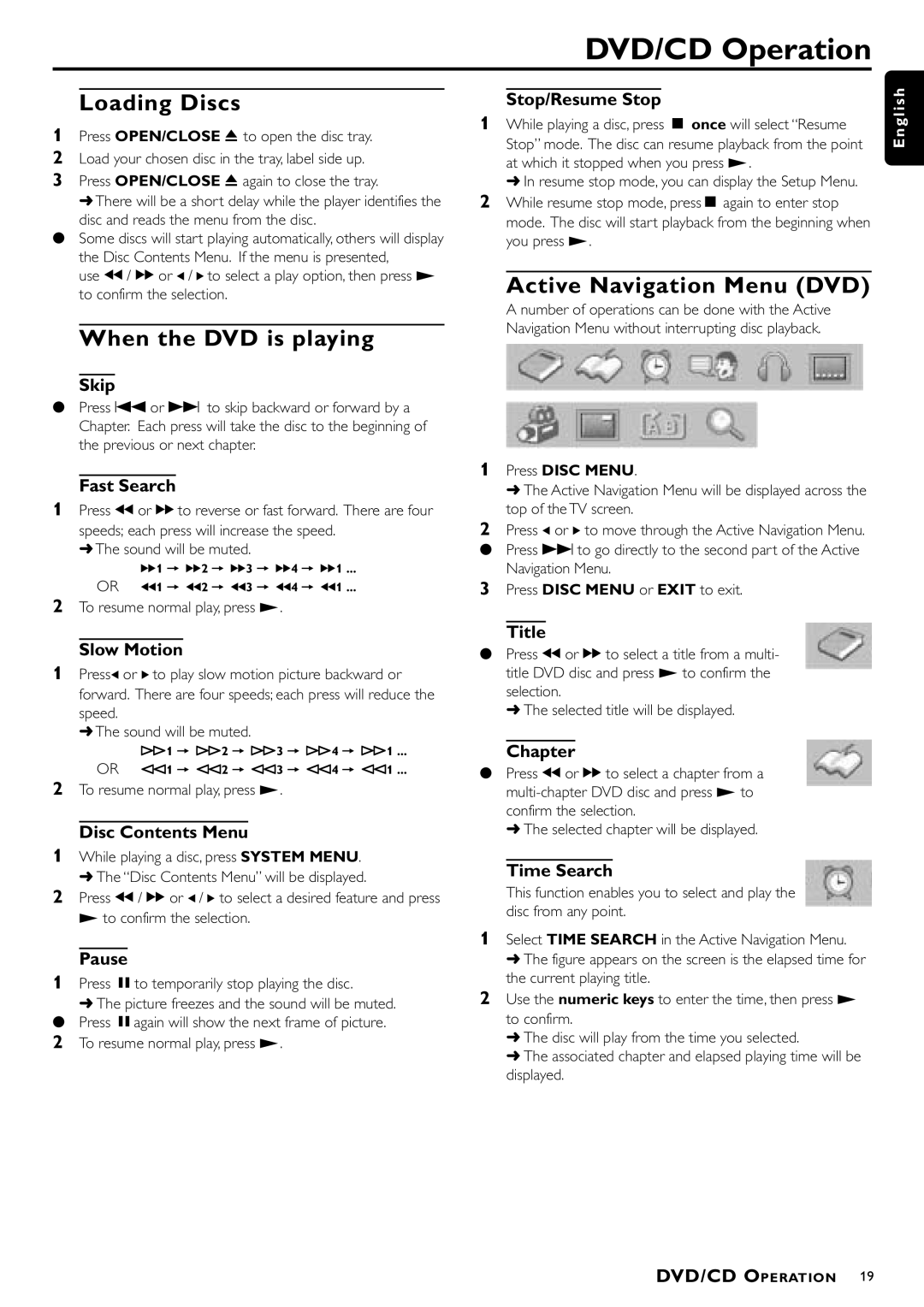 Philips MX-1050D, MX-1060D manual DVD/CD Operation, Loading Discs, When the DVD is playing, Active Navigation Menu DVD 