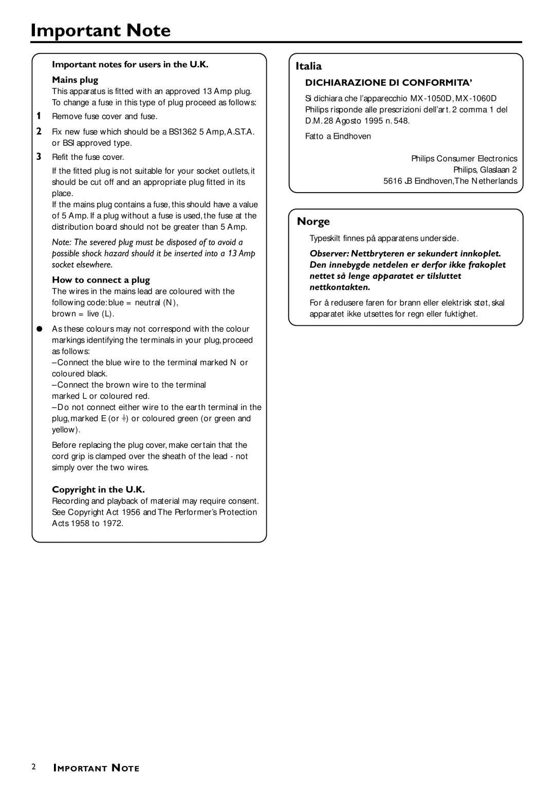 Philips MX-1060D, MX-1050D manual Important Note, Important notes for users in the U.K Mains plug, How to connect a plug 